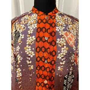 Citron Maroon with Orange Button Light Weight Silk Print Jacket or Blouse Top